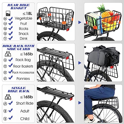 Rear Bike Rack with Basket for Bicycles, 165 lbs Load & 4 gal Capacity, Aluminum Alloy Back Mountain Bike Cargo Rack with Bungee Cord & Waterproof Cover & Installation Tool