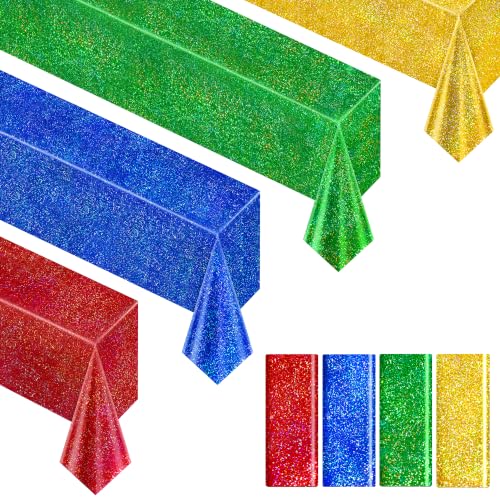 4 Pack Holographic Tablecloths 40 x 108 Inch, Red Blue Gold Green