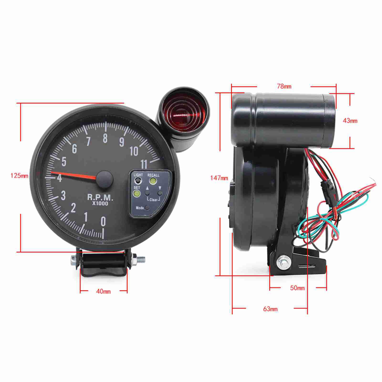 HUIOP Tachymètre de 5 Pouces,Tachymètre Noir de 5 Pouces, rétro-éclairage 7 Couleurs avec lumière de Changement de Vitesse, Son de crête, Flash LED en Cas d'avertissement de RPM