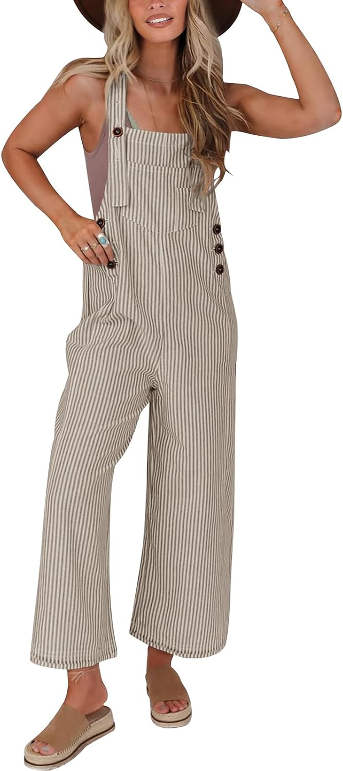 PRETTYGARDEN Overall Jumpsuit For Women 2025 Summer Casual Wide Leg Sleeveless Button Striped Jumpsuits Trendy Outfits