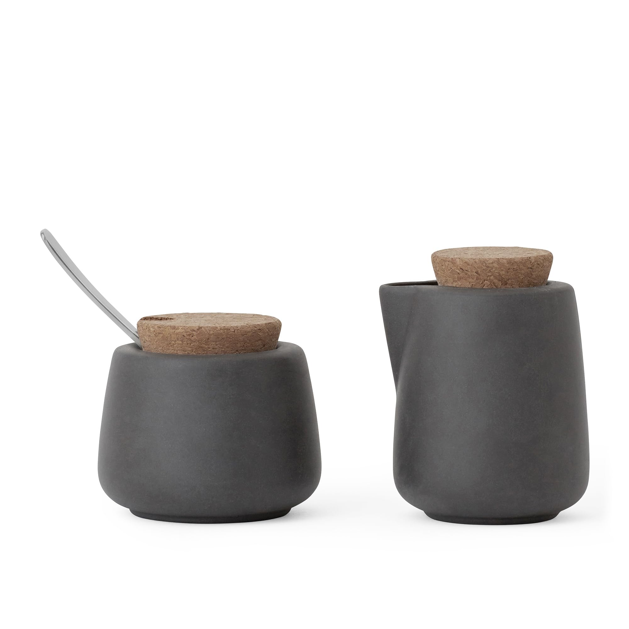 Viva Nicola Charcoal Sugar and Creamer Set, Porcelain Coffee and Tea Serving Set - Cream Pitcher and Sugar Bowl with Cork Lid and Metal Spoon, 7oz / 200ml Milk and Sugar for Coffee Bar