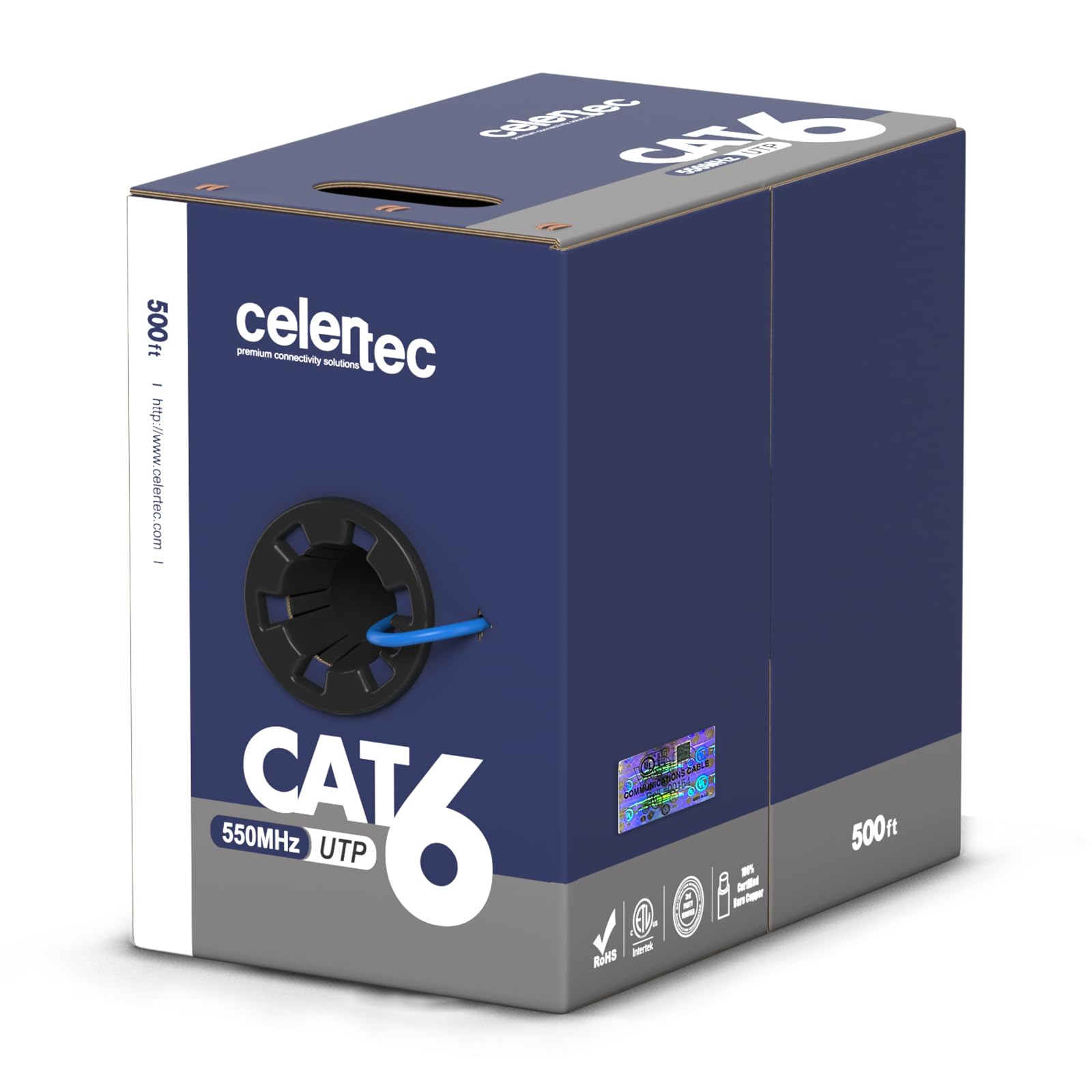 celertec Cat6 Plenum Cable, 500ft, UTP(Unshielded Twisted Pair), 23AWG Solid Bare Copper, 550MHz, UL Listed &CMP Rated,Bulk Ethernet Cable-Blue