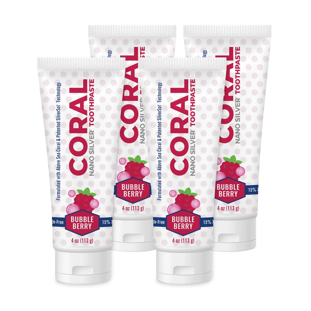 Coral Nano Silver Bubble Berry Kids Toothpaste, Natural Fluoride Free Teeth Whitening Toothpaste, Coral Calcium Nano Silver Infused SLS Free - 4 Ounces (4 Pack)
