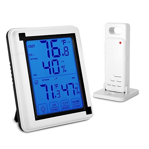 Termómetro para interiores y exteriores, monitor de humedad, higrómetro digital inalámbrico con retroiluminación LCD de pantalla táctil, resistente