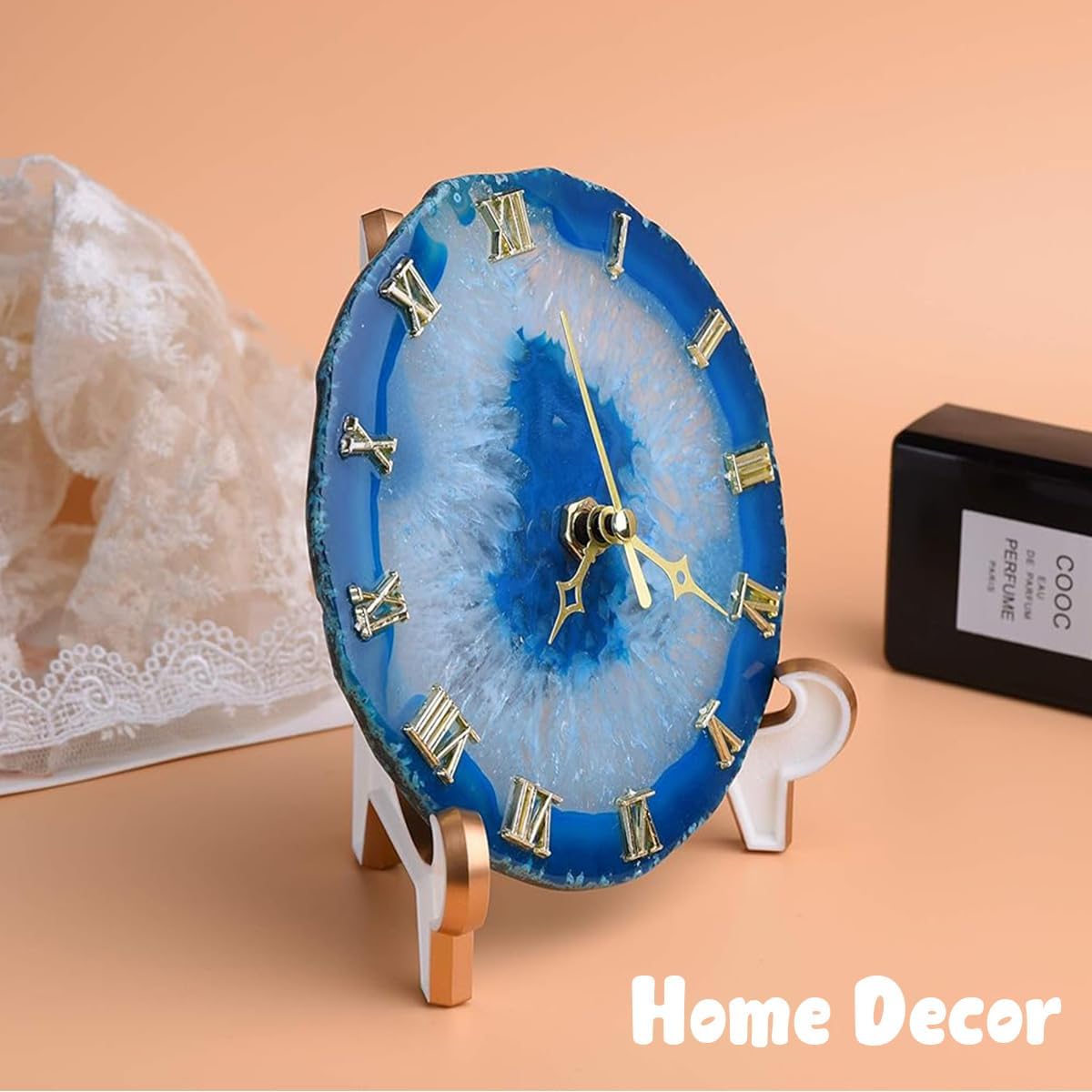 JIC Gem Agate Clock Crystal Desk & Shelf Clocks Home Decor (Blue)