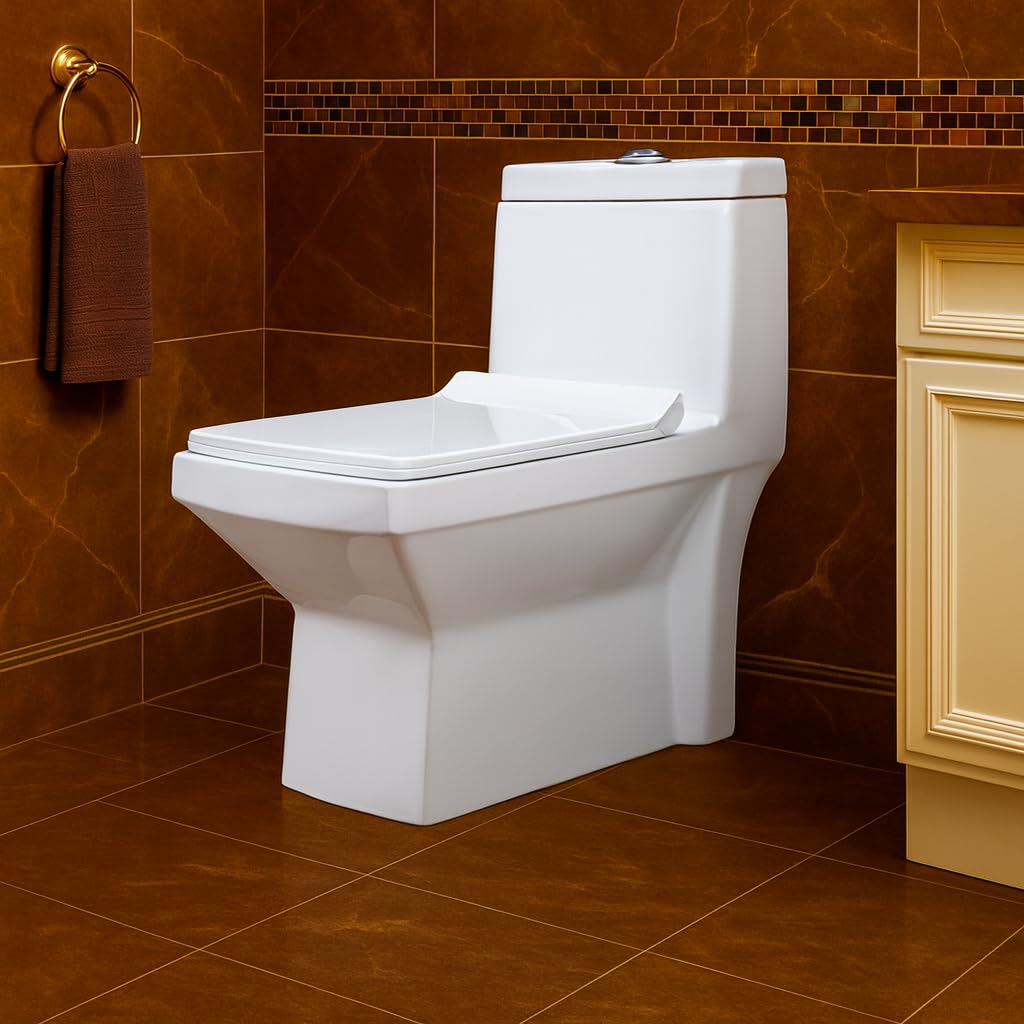 KrissKross Premium One Piece Ceramic Western Floor Mounted One Piece Water Closet Western Toilet/Commode/European Commode With Soft Close Seat Cover For Lavatory, Toilets (S-Trap Outlet Is From Floor)