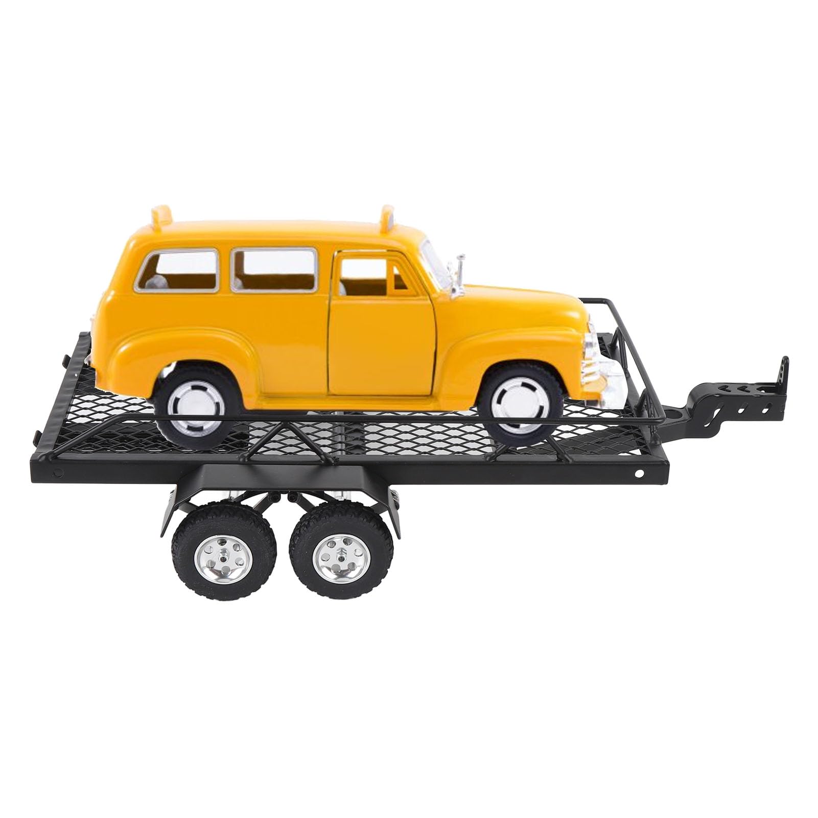 Przyczepa RC, Metalowa Przyczepa z platformą RC w Skali 1/24 do Ciągnięcia za Samochodem, Bagażnik na przyczepę z Hakiem i rampą, Wytrzymała Dwuosiowa Przyczepa Gąsienicowa RC