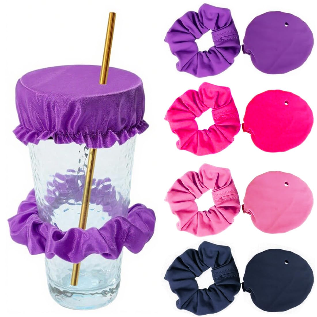 JEYORZY 4 Stück Cap Scrunchie Haarband Drink Cover, Tropfen Schutz Armband Getränkebecher Deckel Anti Spike Drink Covers, wiederverwendbare Becherabdeckung mit Strohhalmloch, Getränkeschutz für Frauen