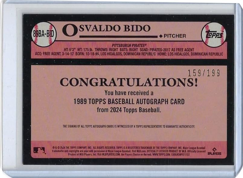 Osvaldo Bido Autographed & Serial Numbered #159/199 35th Anniversary Black Parallel Rookie Card Auto Special Insert Collectible Baseball Card - 2024 Topps Update Baseball Card #89BA-BID (Pirates)