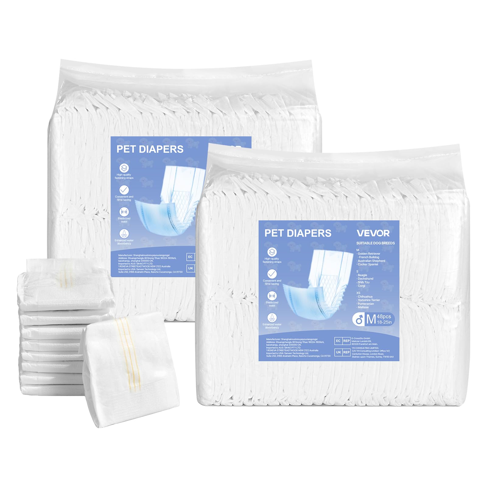 VEVOR Couches Jetables pour Chiens Mâles, 96 Pièces, Bandes Ventrales Anti-fuites Super Absorbantes Taille M, Indicateur Humidité, pour Chiens Mâles Chaleur, Entraînement, Incontinence, 2 Lots de 48
