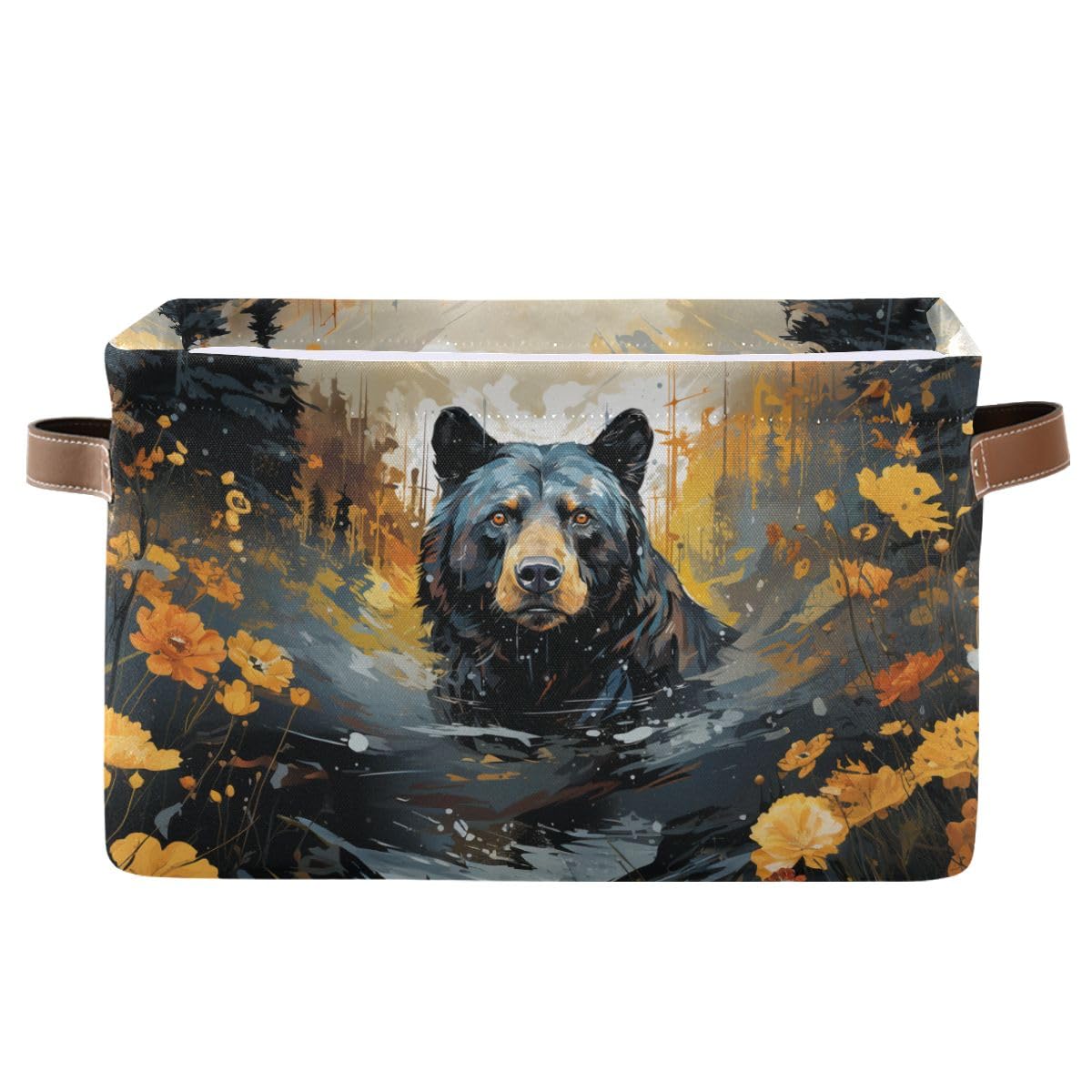 Storage Basket Black Bear in The Forest Durable Canvas Collapsible Toy Box Organizer Bin with Handles for Shelf Closet Bedroom Home Office