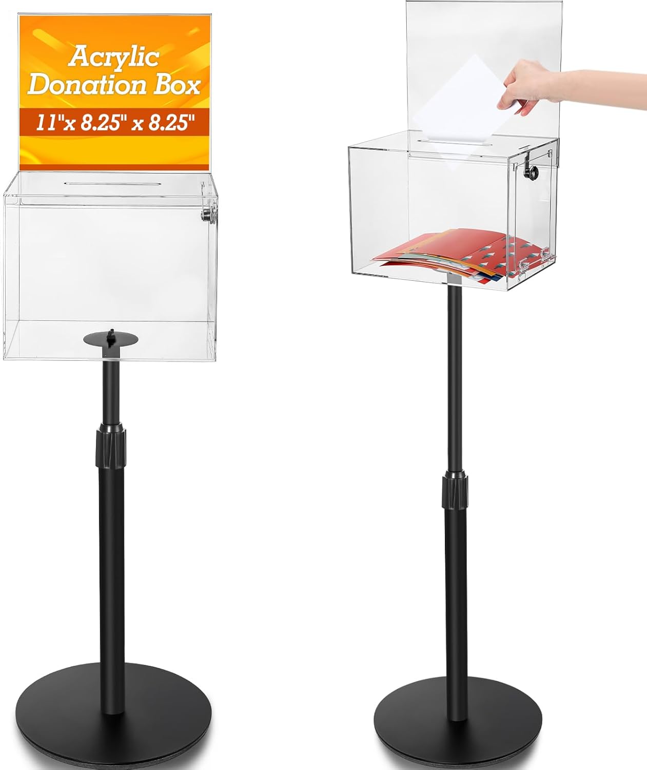 Suggestion Donation Box with Lock and Key 11"x 8.25" x 8.25" Acrylic Offering Raffle Box with Stand Slot for Office Charity Church Collection(1 Pack)