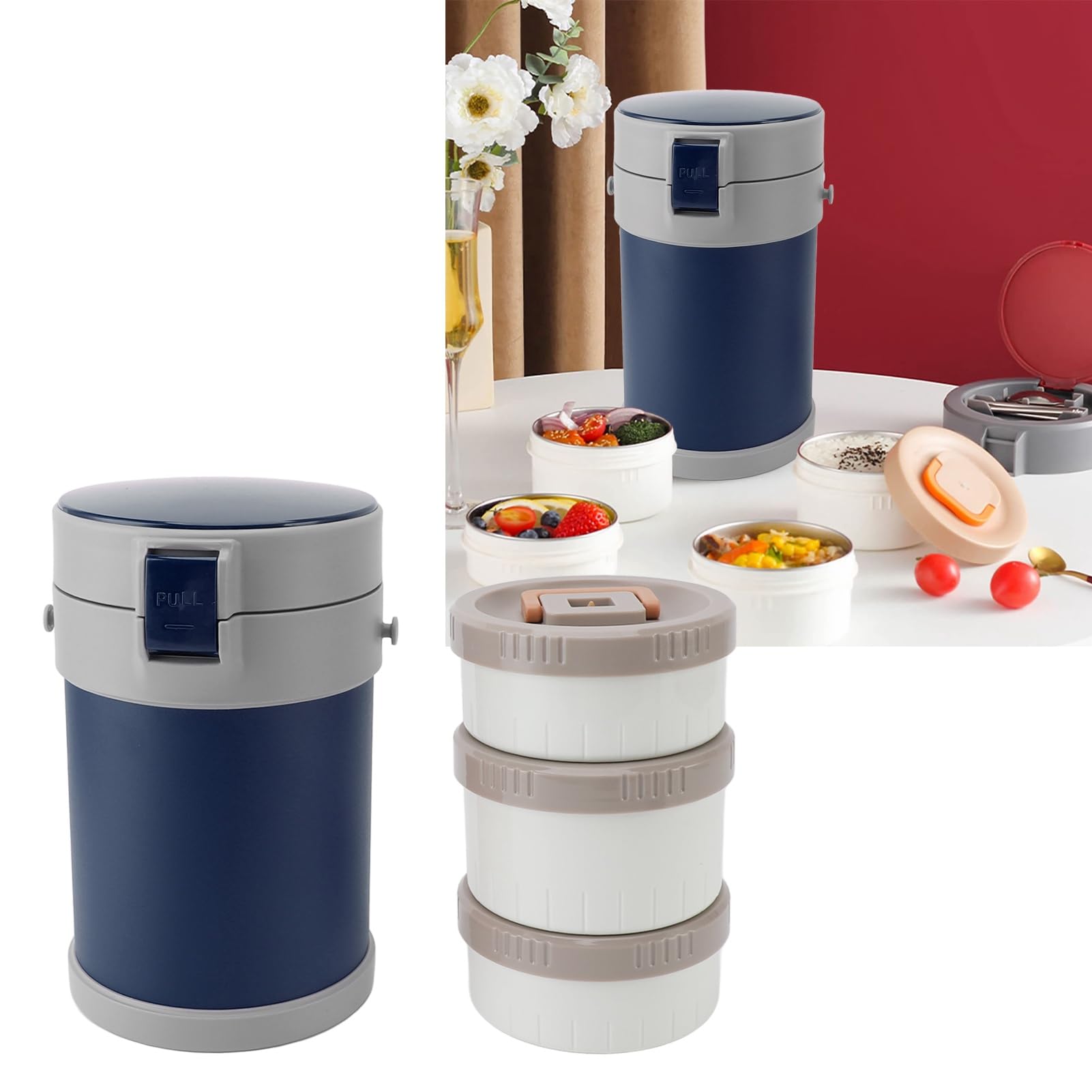 Isolierter Lebensmittelbehälter, 2 L, 3-stöckiges Design (Blau)
