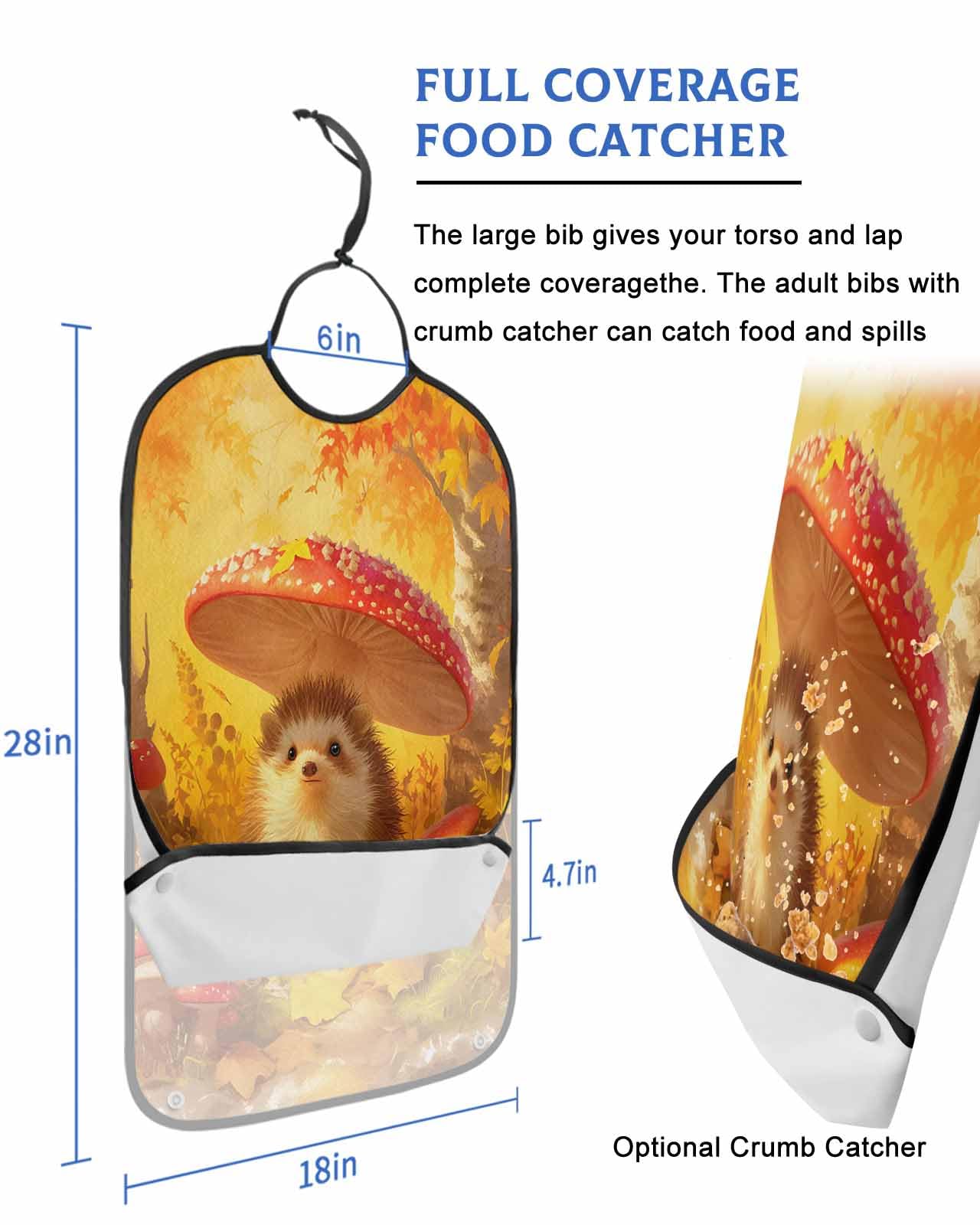 Fall Forest Mushroom Adult Bib for Adults Men, Women, Autumn Orange Maple Leaf Animal Washable & Adjustable Terry Cloth Bib with Crumb Catcher Reusable Waterproof Clothing Clothes Protector Apron