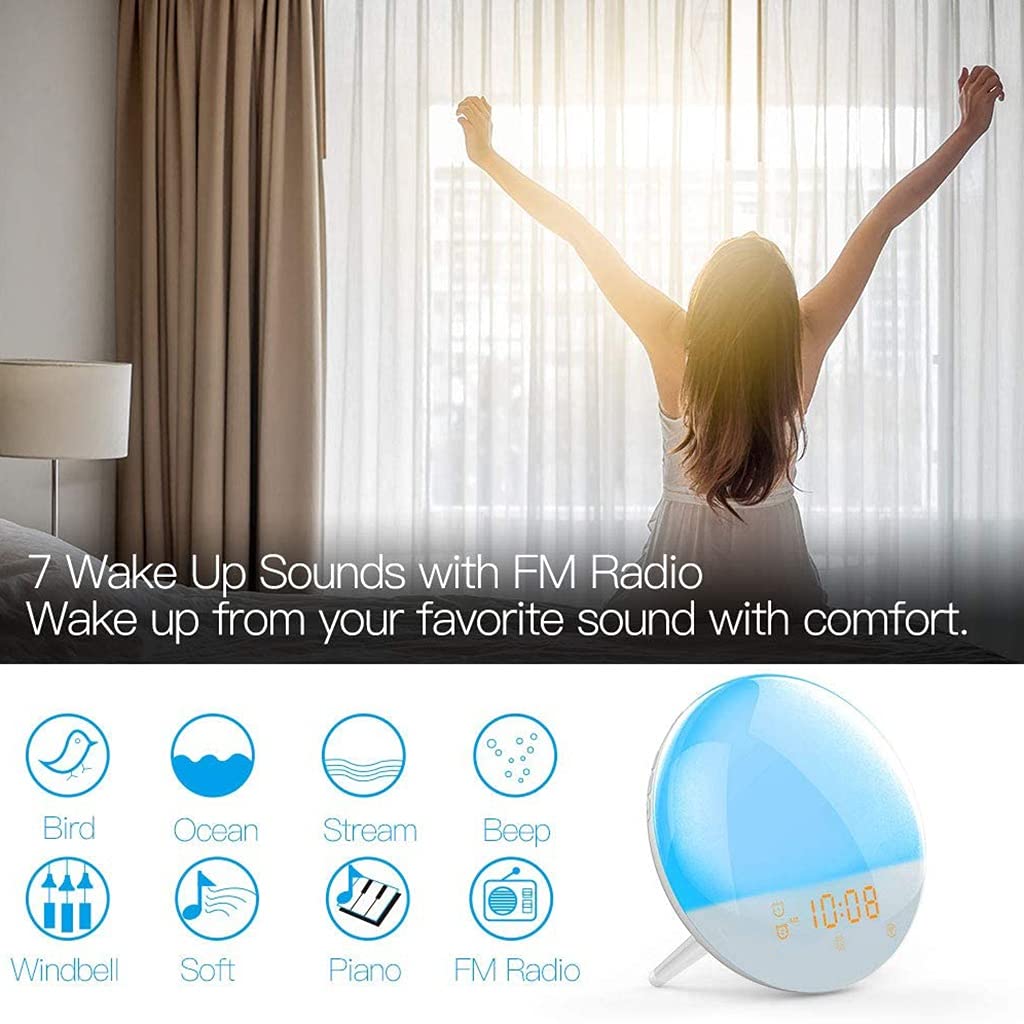Sveglia di Simulazione del Tramonto, Controllo App, con la Funzione Snooze, Controllo Vocale, Luce Sveglia Intelligente, 7 Suoni Naturali e Radio FM, 2 Pacchi