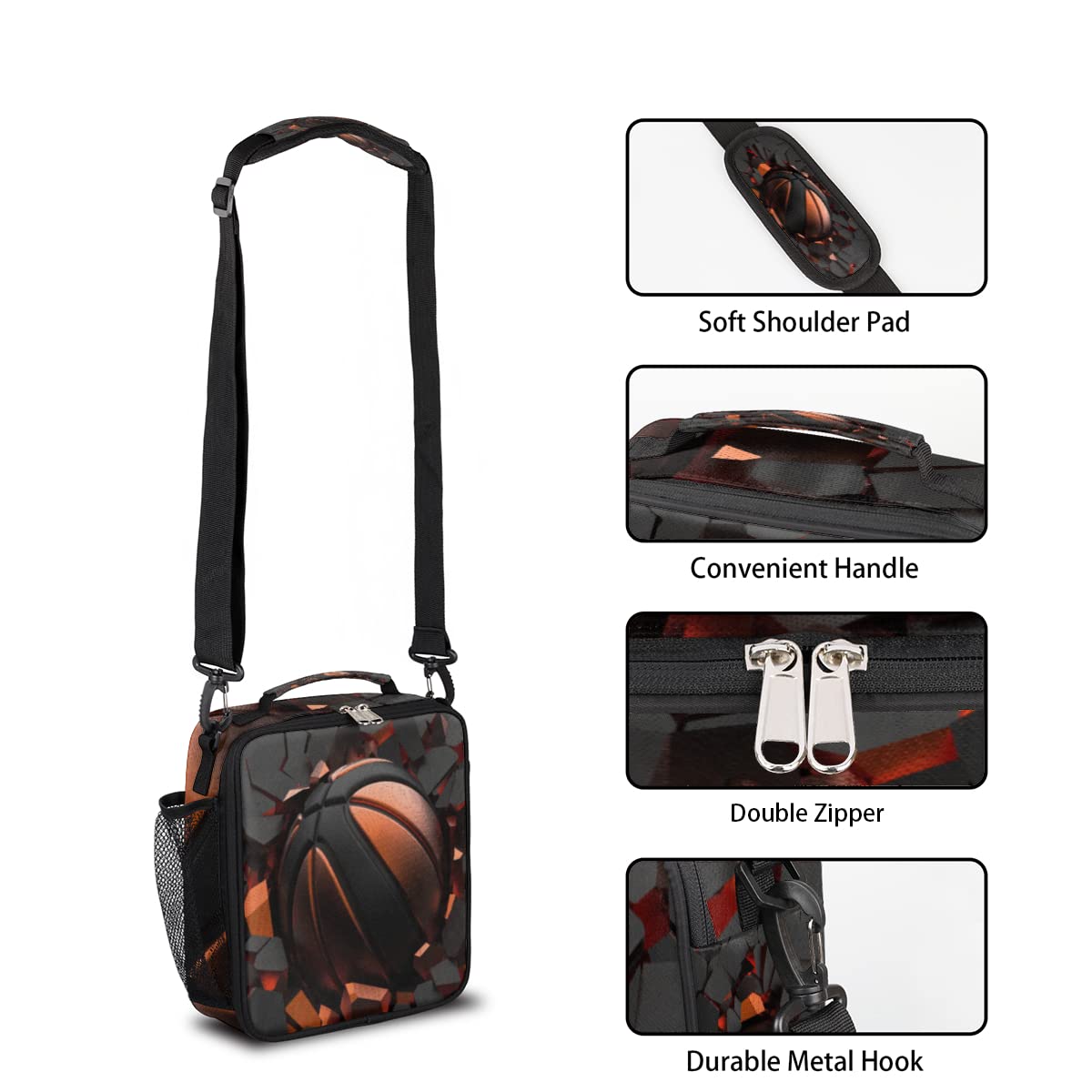 Basketball Kids Lunch Box Art Painting Basketabll Insulated Lunch Bag Tote for Girls Boys Cooler Freezable Meal Prep Bag with Shoulder Strap Waterproof Lunch Container for School Office Picnic