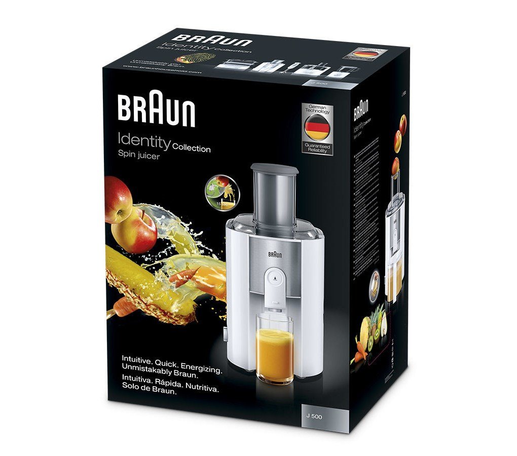 Braun MULTIQUICK5 Centrifuga J500 con Sistema di CENTRIFUGAZIONE RAPIDA in 15 secondi, Ampio Accesso da 75mm, Vaschetta per polpa 2L, Sistema Antigoccia, Sistema di Sicurezza a 4 Vie,FILTRO IN ACCIAIO
