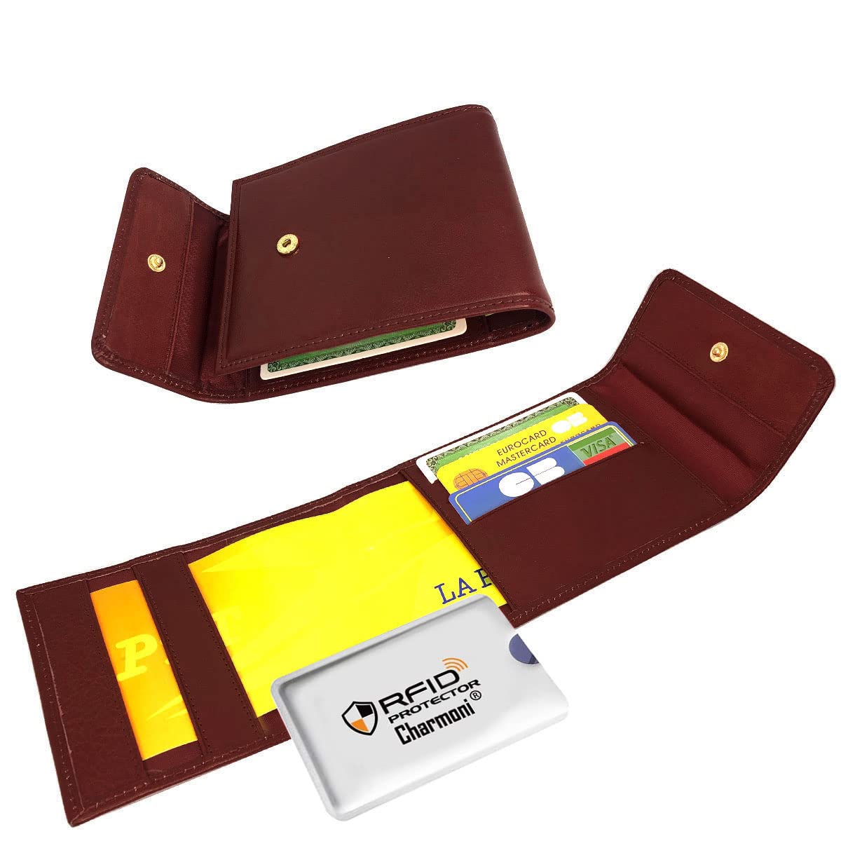 Charmoni - Etui Porte chéquier Longue Pliant Talon à Gauche - Protection Anti RFID - 3 Volets - 4 emplacements Carte crédit en Cuir Vachette (Cuir Collet Vache, Marron)
