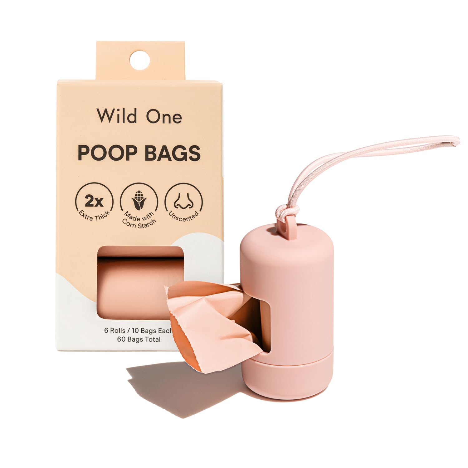 Wild One Dog Poop Bag Holder and Dispenser with Leash Attachment, Leak Proof, Easy Twist Top for Refills, Includes 1 Box Of Bags, Blush