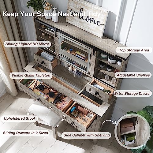 T4TREAM Farmhouse Makeup Vanity Desk with Sliding Mirror and Lights, 42'' Glass Tabletop Vanity Table with 2 Drawers & Shelves, Rustic Big Vanity Set for Bedroom, Light Rustic Oak