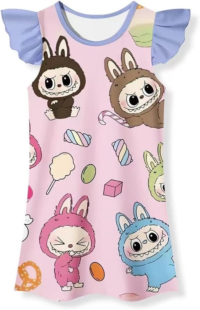 Girls Cute Cartoon Gown Dress Flutter Sleeves Kids Round Neck Party Wear Oufits