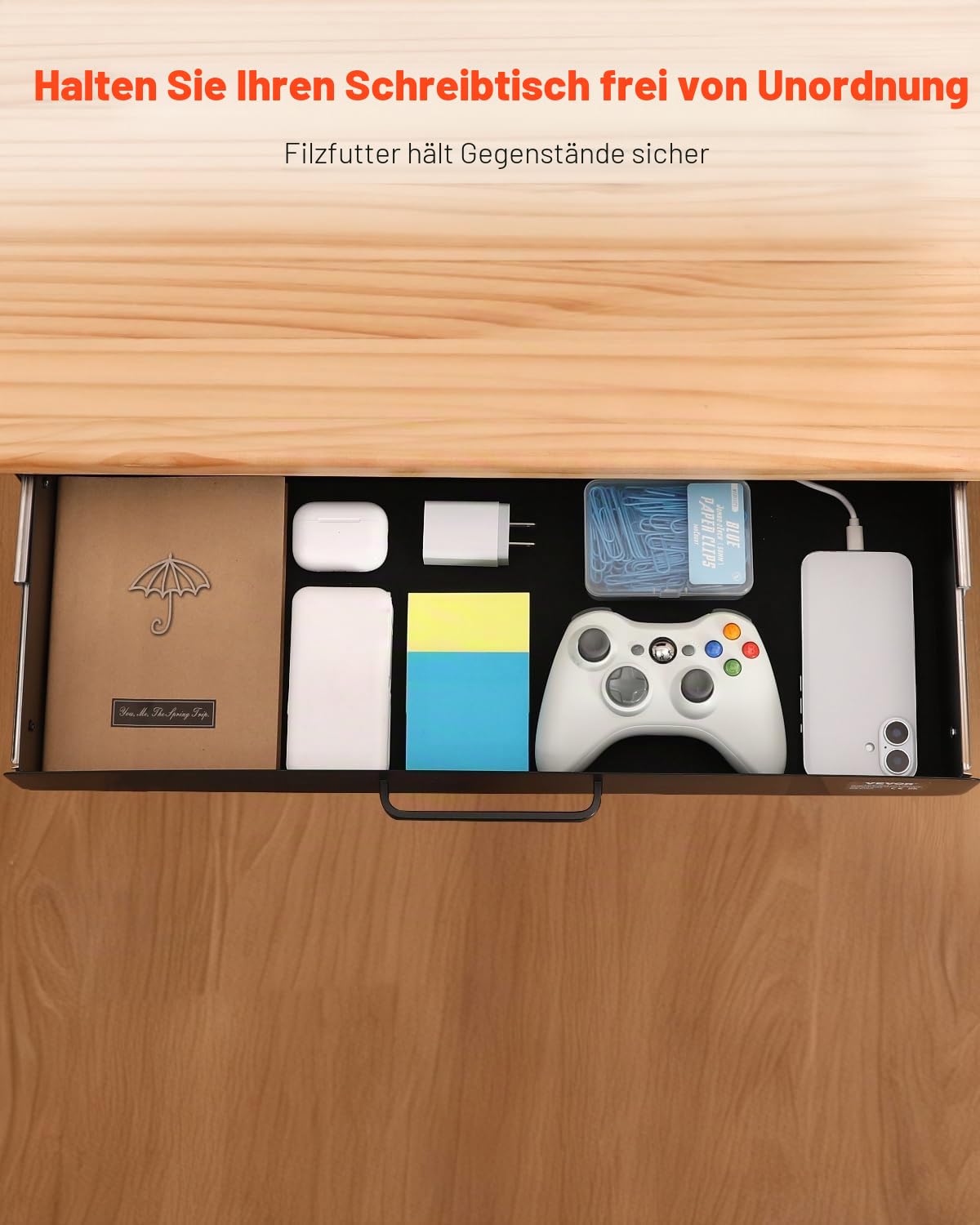 VEVOR Untertisch Schublade 635x232x75 mm, Unterbau Schreibtisch, versteckter Schreibtisch-Aufbewahrungs-Organizer, Bleistiftschublade unter dem Tisch für Sitz-Steh-Arbeitsplätze im Büro & zu Hause