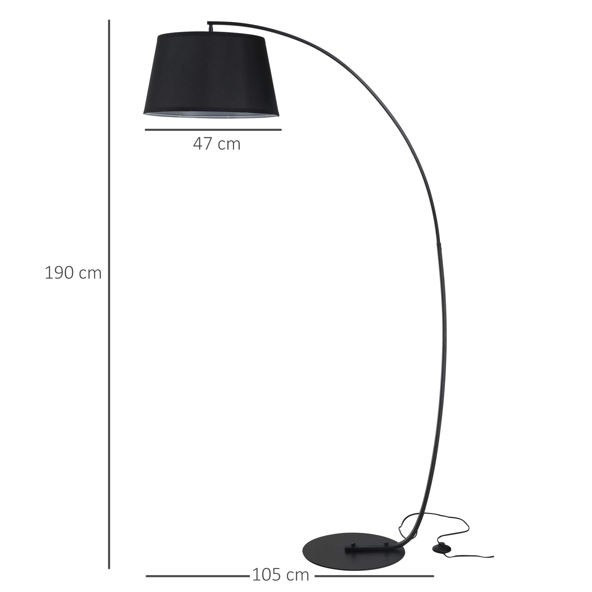HOMCOM Lampada da Terra ad Arco Base in Metallo Ø47 x 105 x 190cm Nera | Paralume in Tessuto, Lampada a Piantana, Interruttore a Pedale