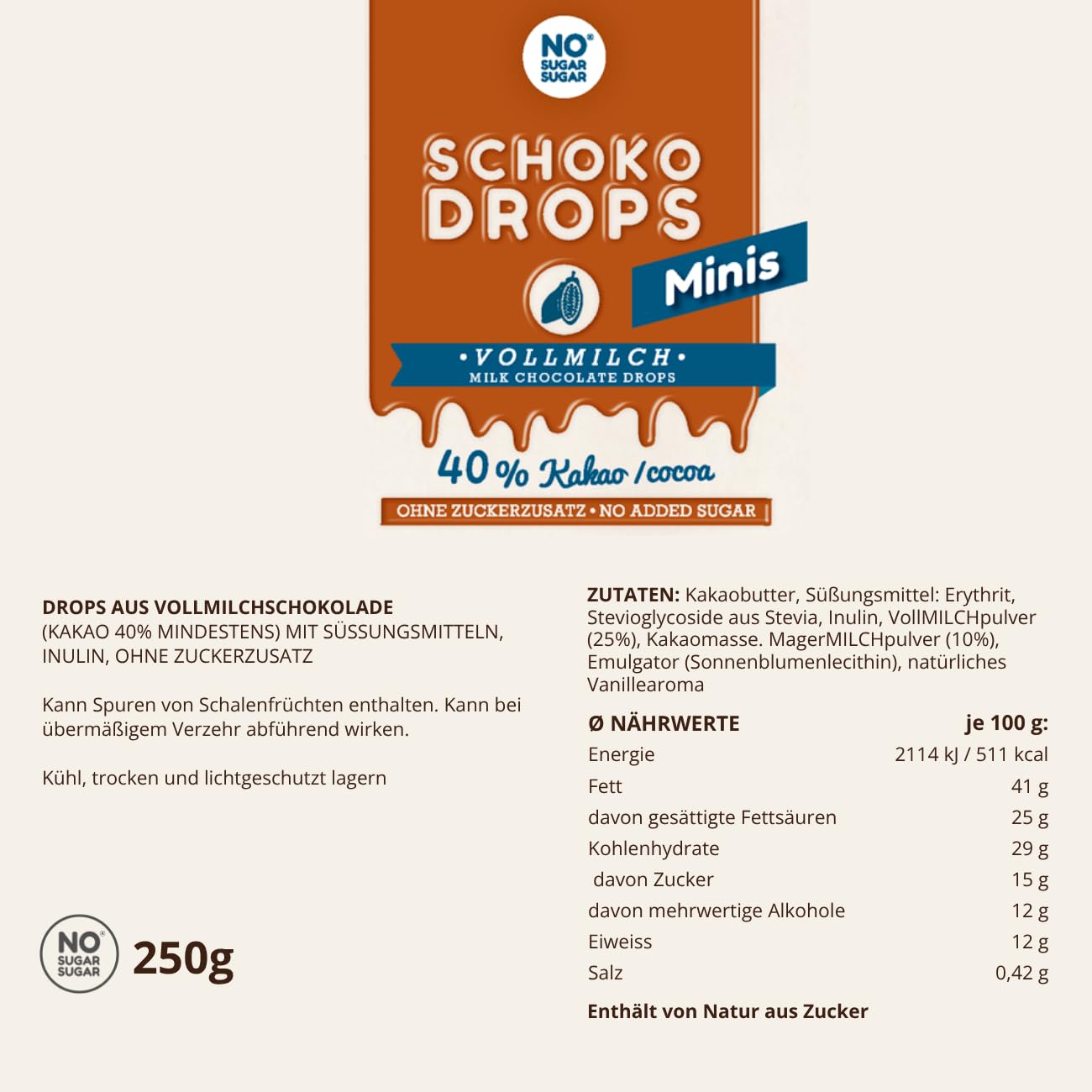 NO SUGAR SUGAR Vorteilspack 4x250g Schokodrops Minis Vollmilch 40% Kakao ohne Zuckerzusatz