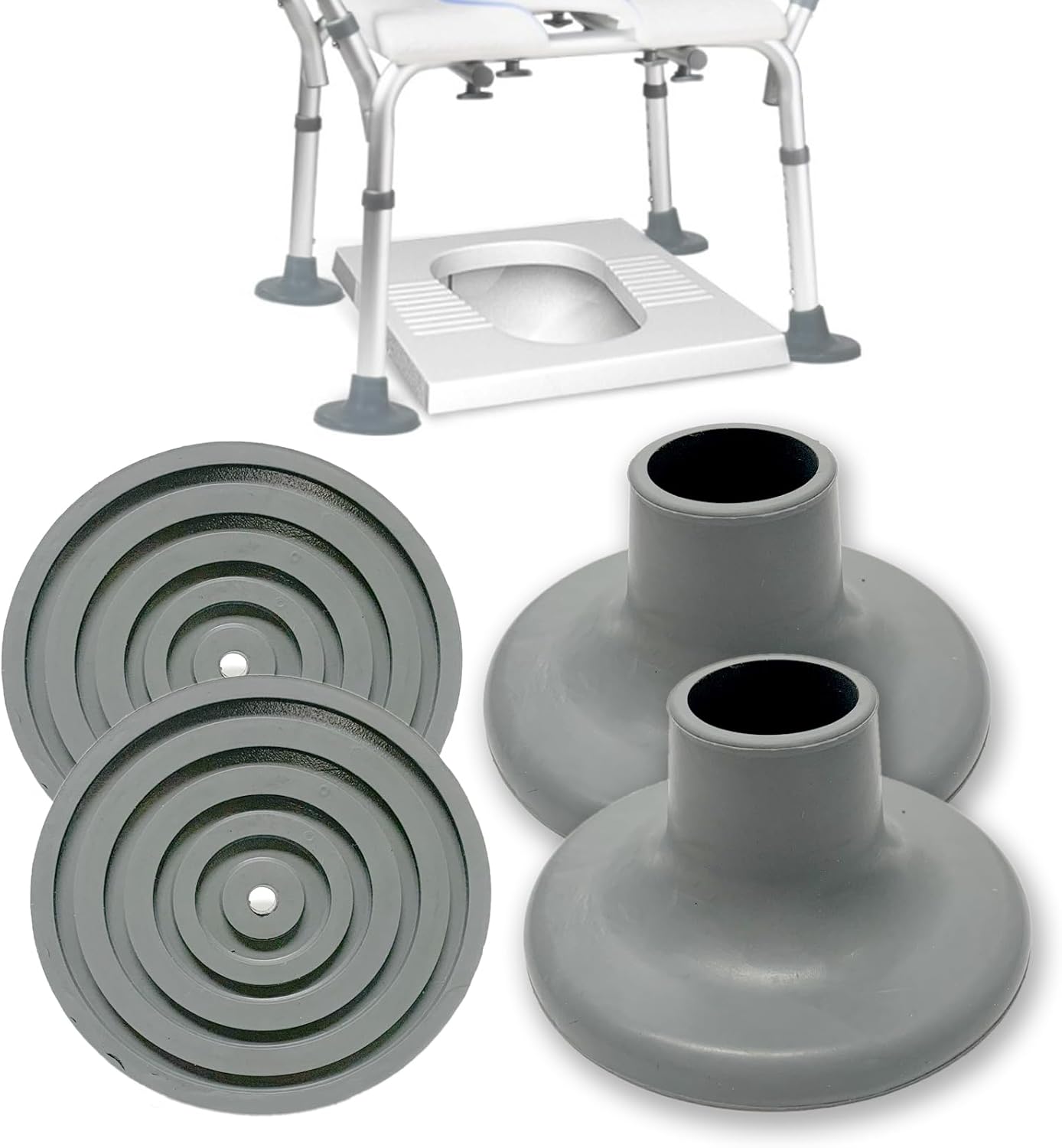 Toilet Chair Safety Replacement Feet, 1-1/8" Suction Cup Feet for Shower Stool, Shower Chair and Transfer Bench, Non-Slip Rubber Leg Caps for Elderly and Disabled, Gray, 4 Pack
