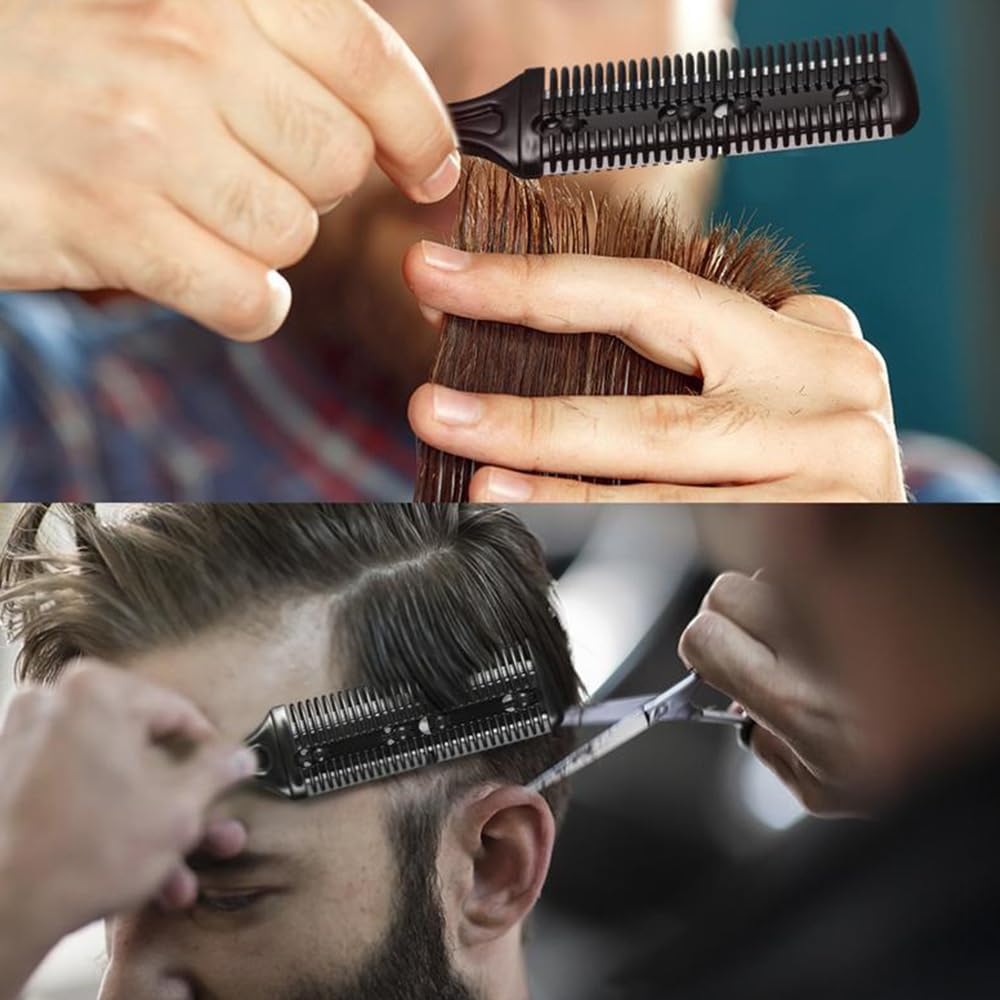 2 Piezas Peine de Afeitar y Corte Profesional, Cortador de Pelo de Doble Cara Recortador de Plástico con Navaja, Kit de Peine para Adelgazar el Cabello