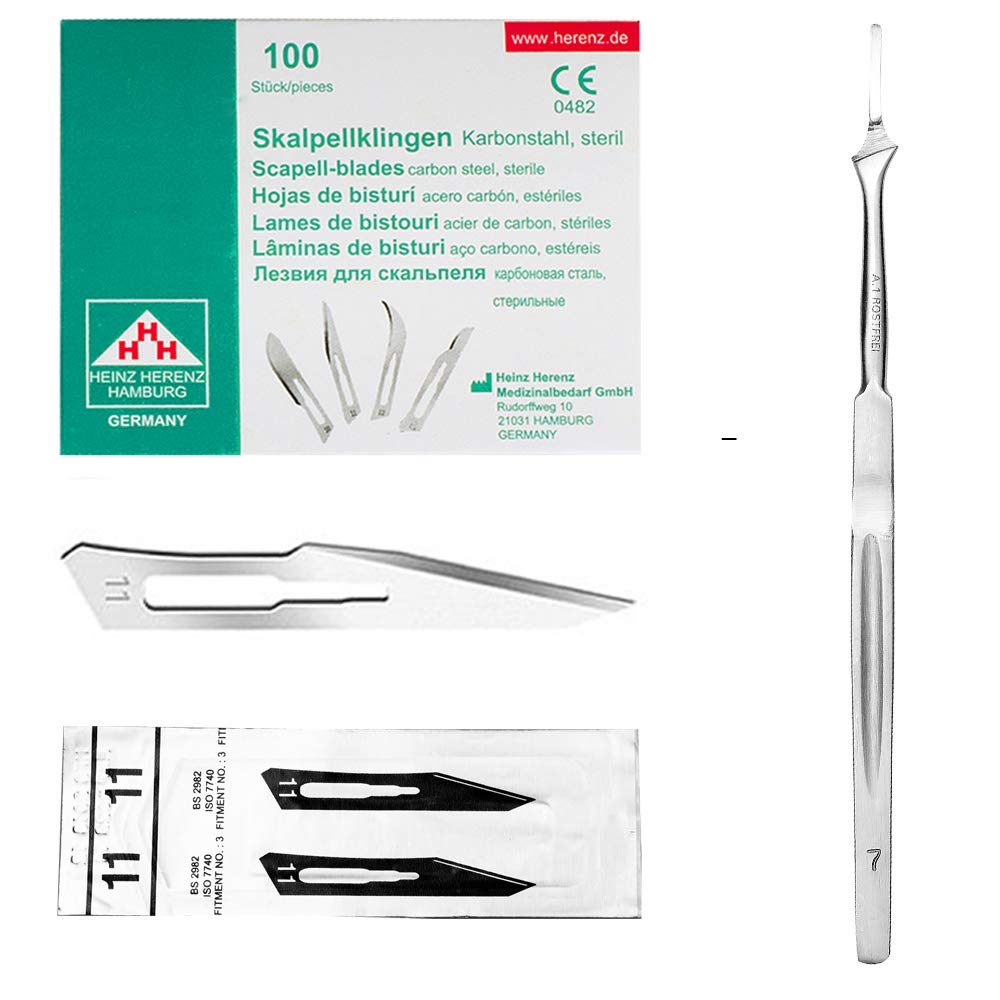 Set - 100 Stück Skalpellklingen Figur 11 aus Karbonstahl - Ersatzklingen einzeln steril verpackt + 1 x May - Skalpell-Halter mit 16 cm langem Griff - Edelstahl