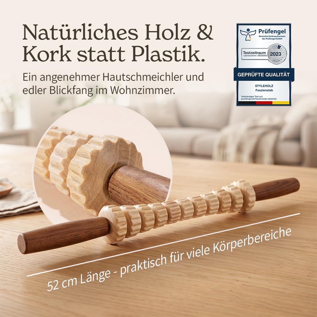 Faszien-Routine STARTER-SET [DAS ORIGINAL aus Österreich] – Abwechslungsreiche Selbstmassage vom Nacken bis zu den Füßen – Faszienstab aus Holz & Fußroller + gratis Übungshandbuch
