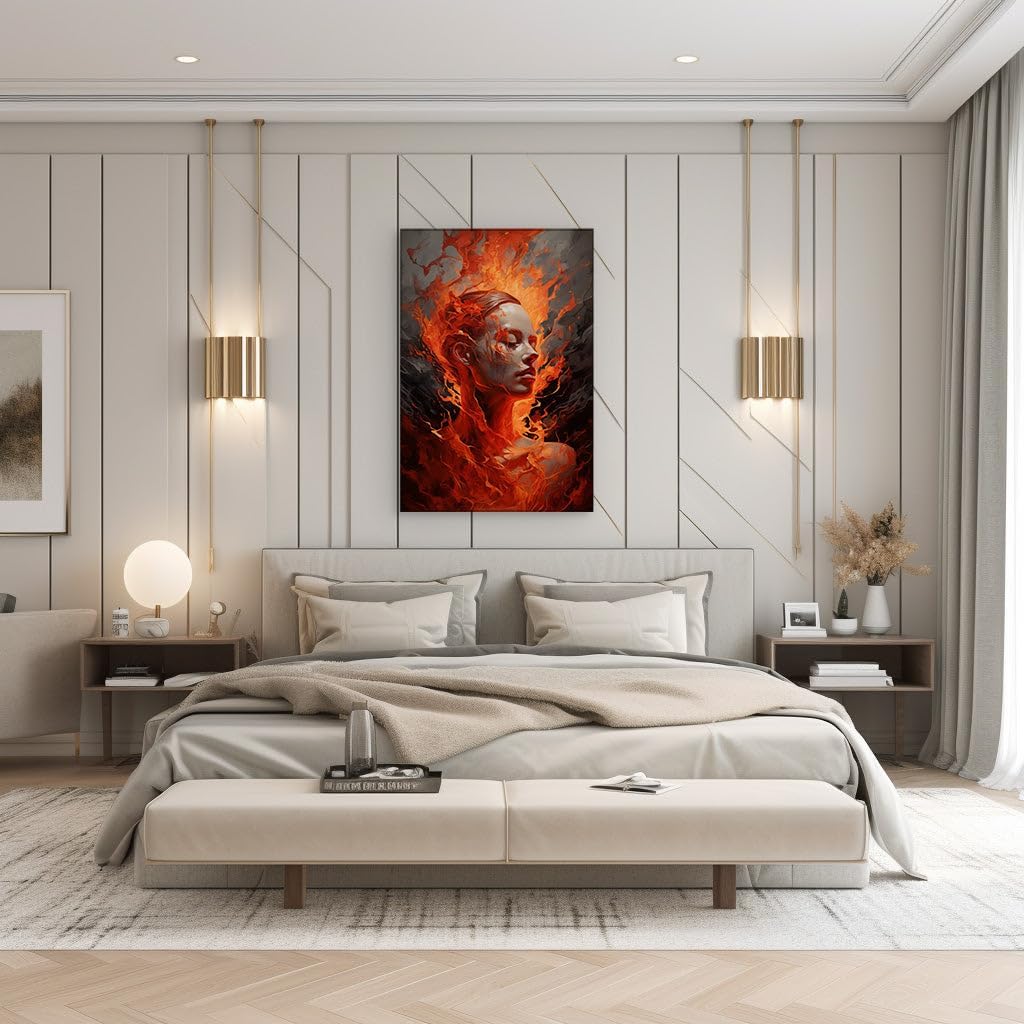 Canvas for Living room. Embracing the Inferno The Poignant Dance of Fire and Sorrow, 27 x 18 inch Canvas Wall Art - Contemporary Masterpieces - Modern Home Decor