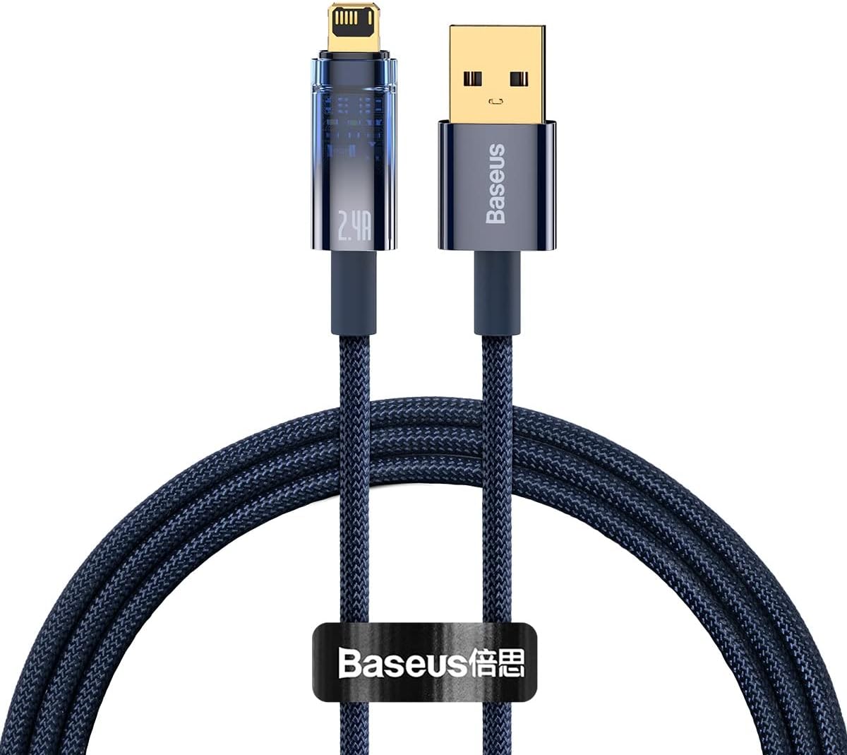 Baseus PD 2.4A USB to Lightning Cable, Auto Power-Off Nylon Braided Fast Charging Cable with High-Speed Data Transfer Compatible with iPhone 14 13 12 11 Pro Max XS X 8 7 6, iPad, AirPods (1M) – Blue