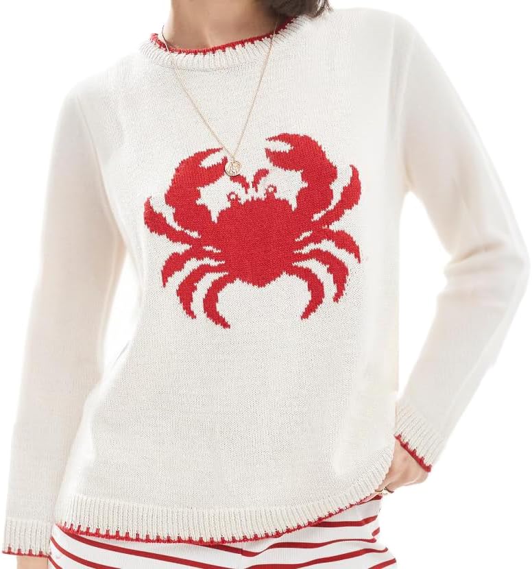 Giraropa Women Contrast Sweater Lobster/Crab/Carp Knit Sweaters Long Sleeve Crew Neck Loose Pullover Top Fall Clothes