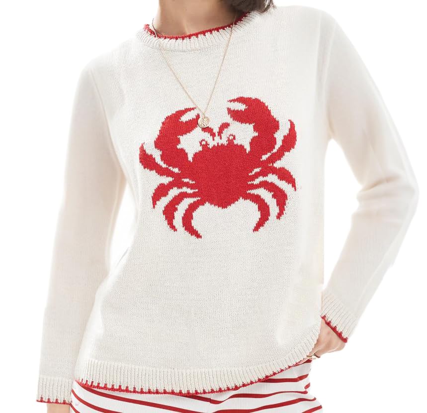 Giraropa Women Contrast Sweater Lobster/Crab/Carp Knit Sweaters Long Sleeve Crew Neck Loose Pullover Top Fall Clothes