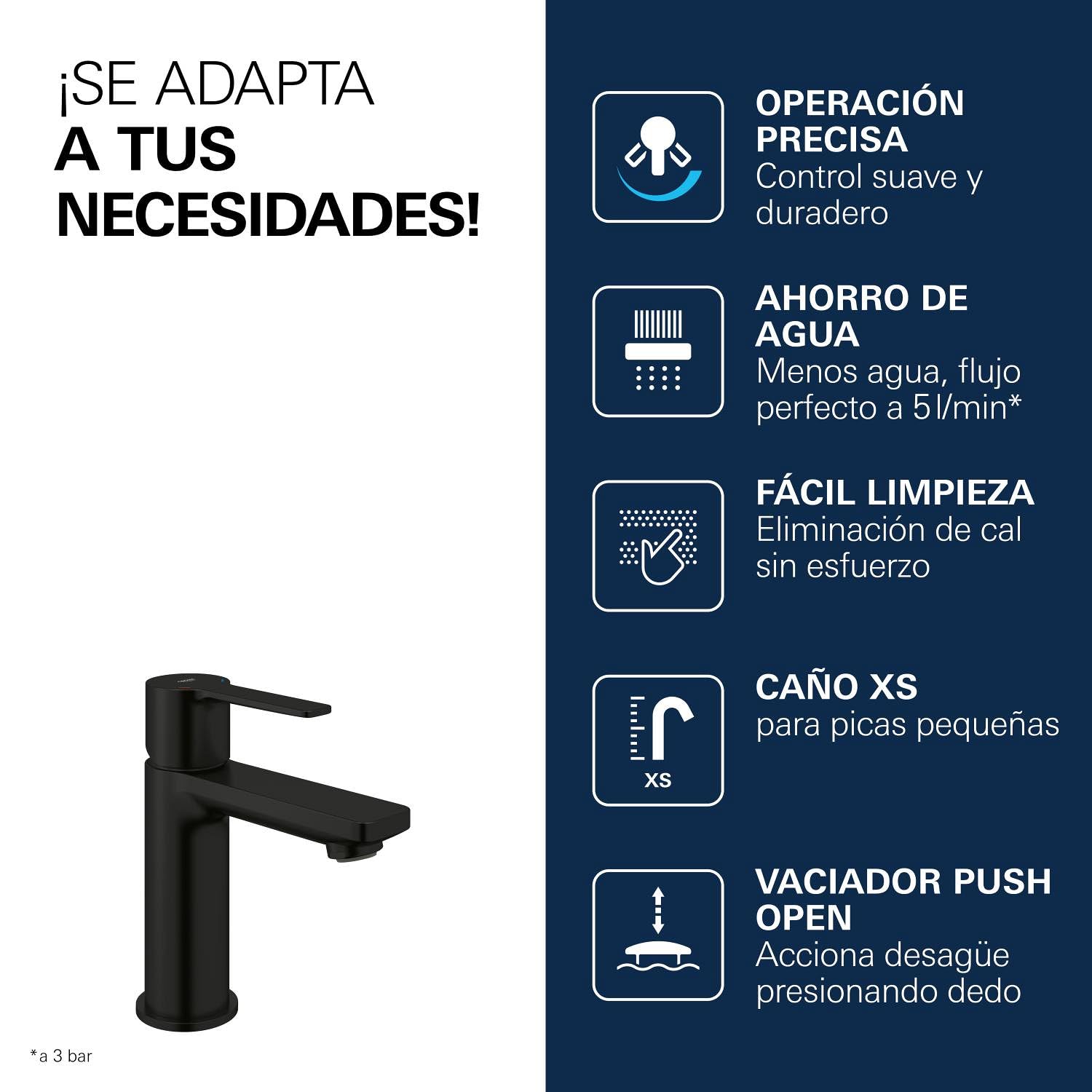 GROHE Lineare – Grifo Monomando de Lavabo de Cuerpo Liso con Vaciado Push-Open (Sobre Repisa, Tamaño XS 155 mm, Cartucho Cerámico 28 mm, Ahorro de Agua, Flexibles 3/8"), Negro Mate, 237912431