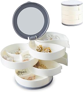 Rotating Jewelry Organizer Box with Mirror – Large Capacity Multi-Layer Storage, 360° Rotation, Protective Cover, Compact with Non-Slip Base (White)