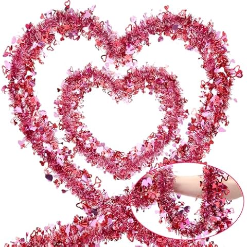 Daifunli 2 Pcs 80 Feet Valentine's Day Tinsel Garlands Decor Metallic Heart Hanging Twist Tinsel Pink Red Glitter Garland with Cupid Heart Sequins Home Indoor Outdoor Mantel Table Wedding Party Decor Cover