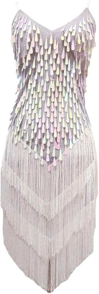 Womens flapper gatsby sequin tassel ballroom dance sling skirt cyan blue/red/white latin salsa tango samba cha cha rumba dress size 32/34/36/38