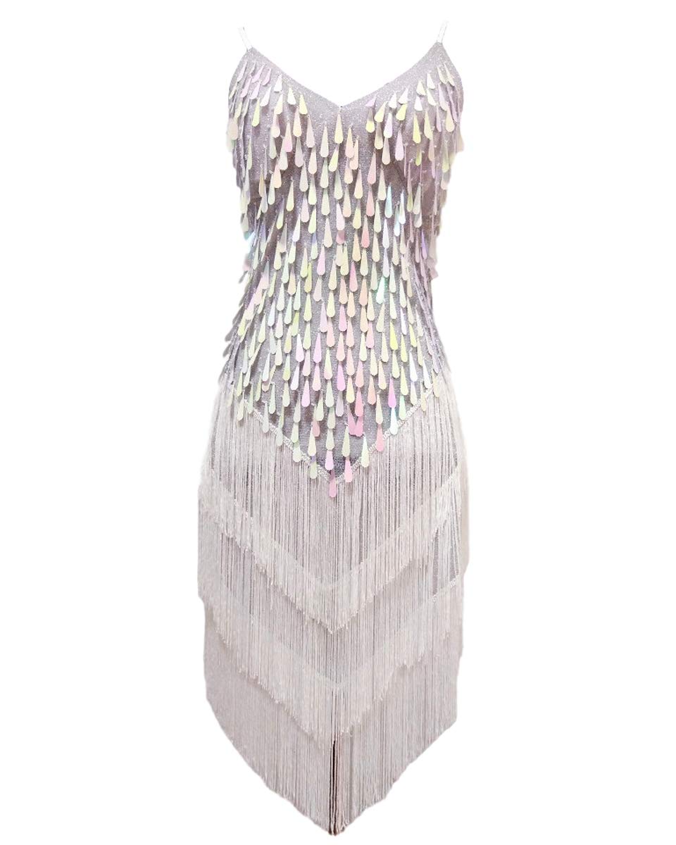Robe de tango blanche de style Gatsby avec franges et sequins brodés