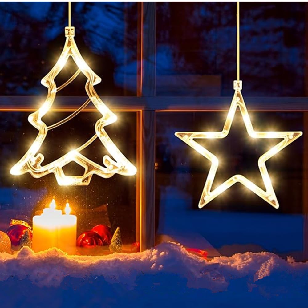 TRIXES Light Up Star and Christmas Tree - 2PC Festive Wall Hanging Decor - Battery Powered