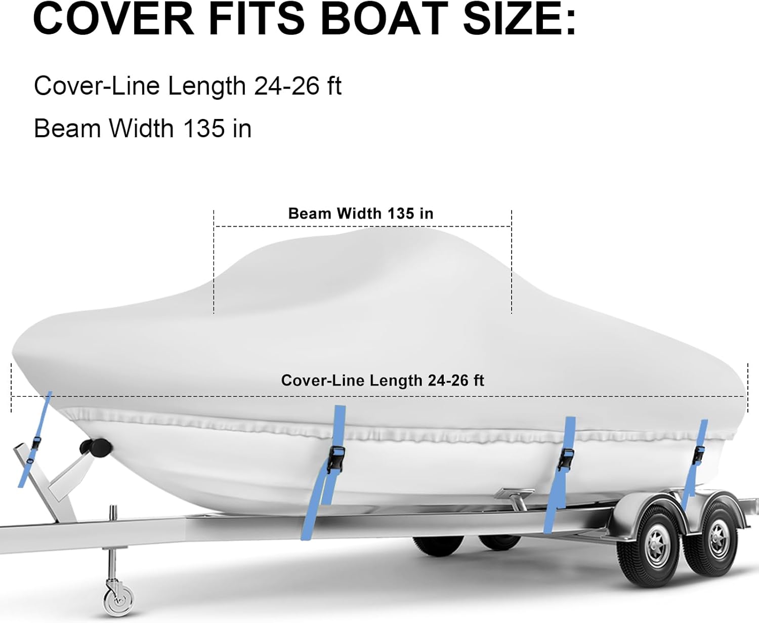 Boat Cover 24-26 ft, Waterproof 1200D Heavy Duty Boat Cover, PU Marine Grade Polyester Boat Covers 24-26 ft, Fits Bass, V-Hull, Tri-Hull, Runabout, Jon, Fishing, Trailerable, Beam Width 135 inch