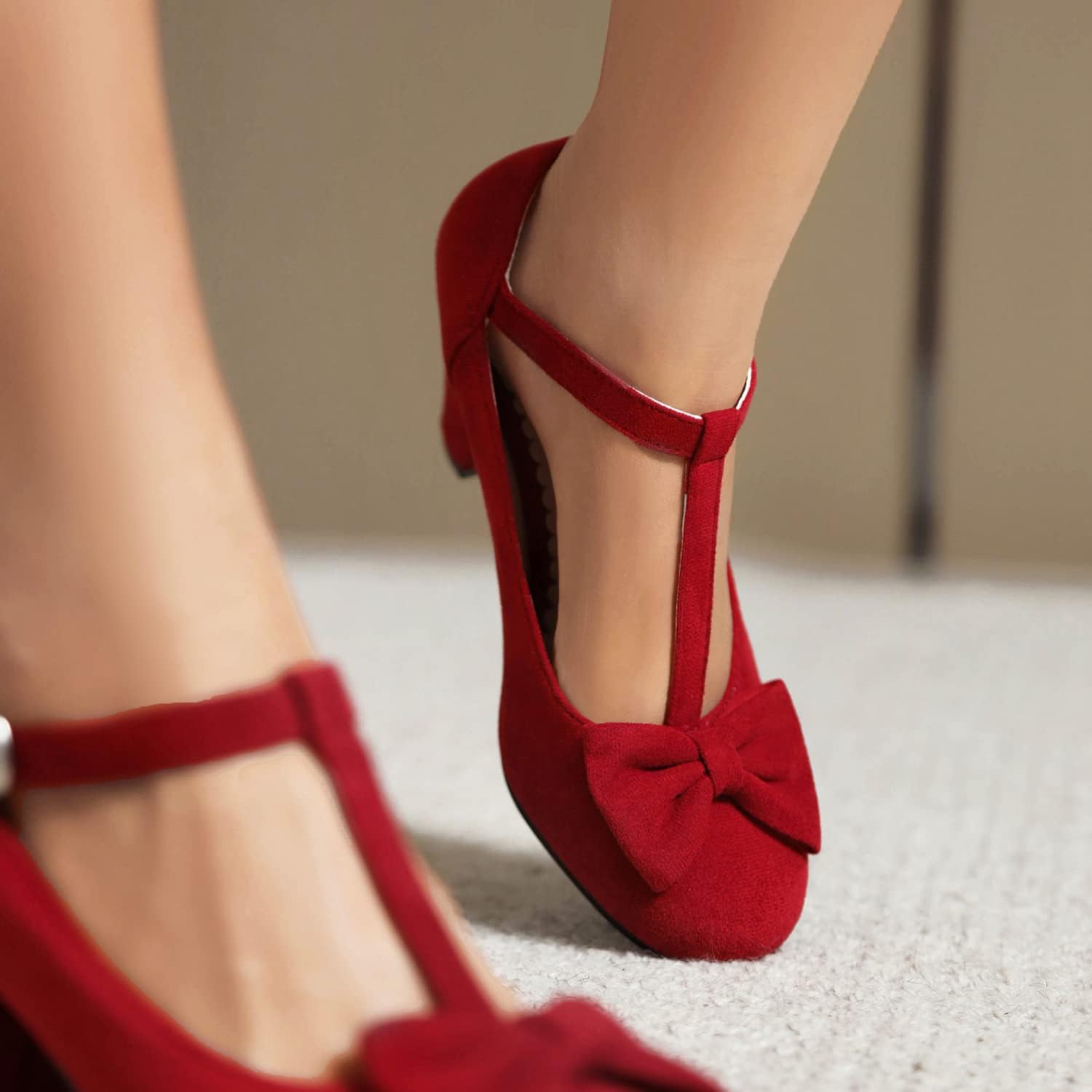 Elerhythm Women's Mary Jane Vintage Heels with Bow 1950s Pumps Closed Toe 1920s Victorian Sweet Ankle Strap Faux Suede Elegant Comfortable Formal Dressy Ladies Shoes