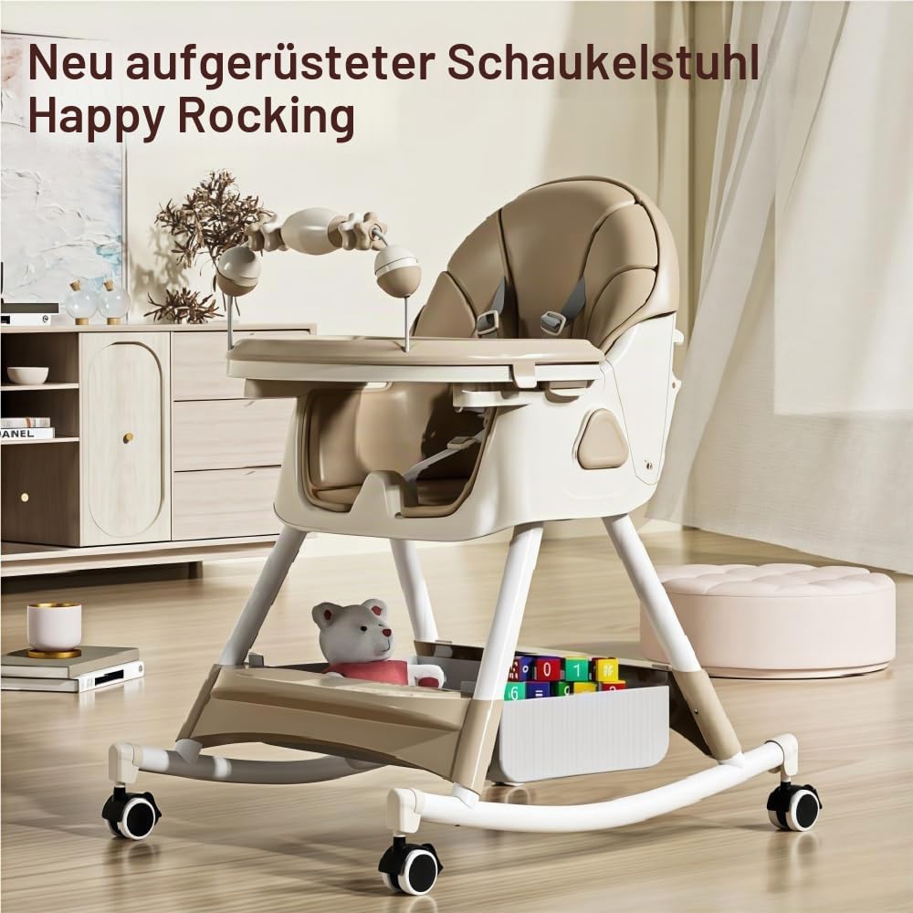 Klappbarer Babyhochstuhl Khaki, Rädern, Aufbewahrungskorb | Vielseitig verstellbarer Sitzwinkel mit praktischem Staubkorb. Mit Rollen leicht verschiebbar und platzsparend klappbar