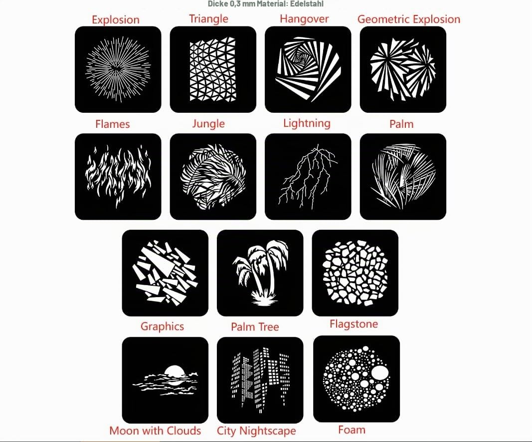 Projektor-Gobos-Sets für optischen Snoot: 14 Stück einzigartige 50 mm x 50 mm quadratische Gobos präzise lasergeschnittene Edelstahl-Muster Compaticle mit Bowen-Halterung, Fotografie-Strahler
