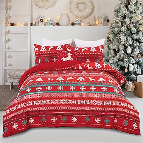 Christmas Duvet Cover Set Red Striped Bedding Set King Size Stag Quilt Cover Set with Zipper Closure Christmas Tree Duvet Cover Set with Pillowcases for Kids Adult Teen Cover