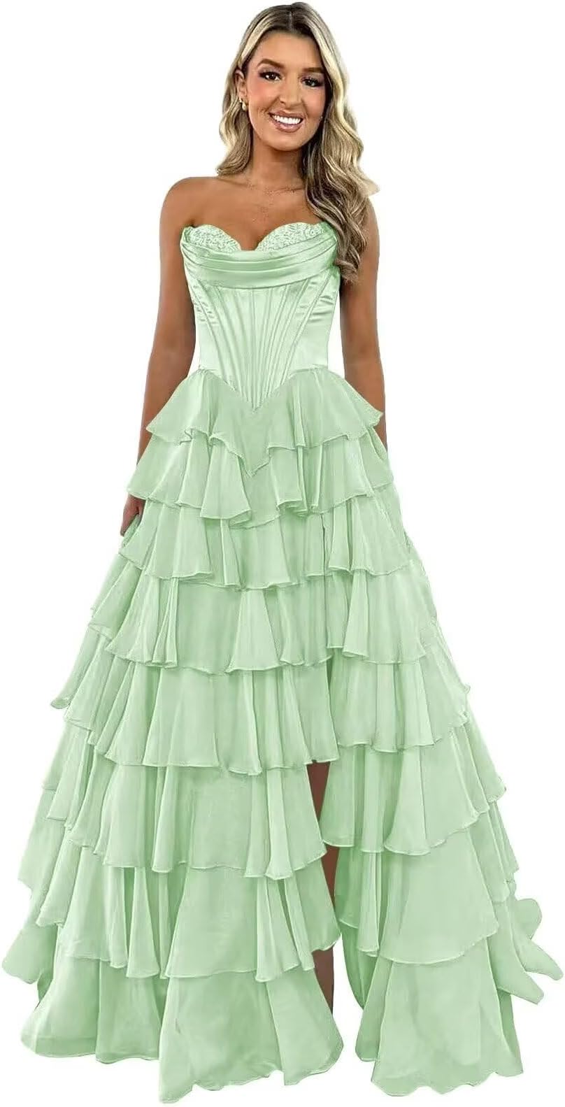GATMAHE Tulle Floral Prom Dresses for Teens 2025 Tiererd Long Ball Gown Strapless Sweetheart Formal Evening Gowns with Slit