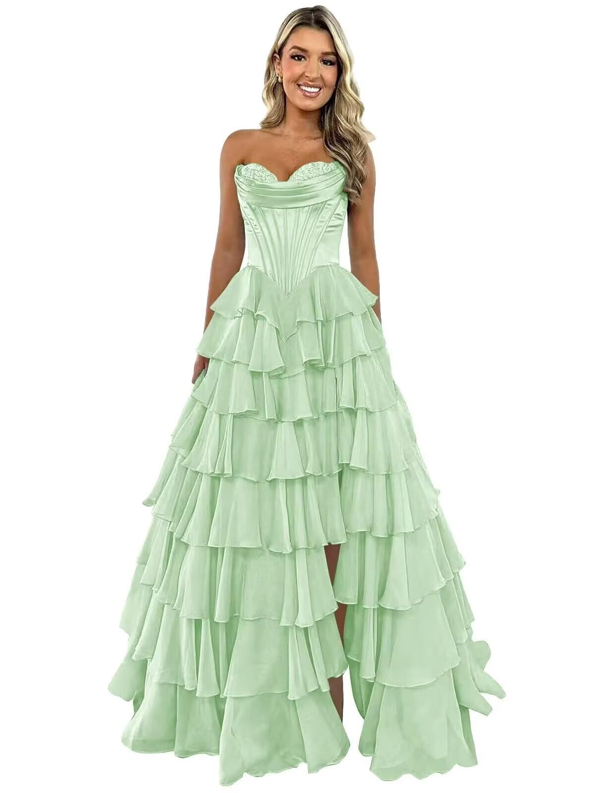 GATMAHE Tulle Floral Prom Dresses for Teens 2025 Tiererd Long Ball Gown Strapless Sweetheart Formal Evening Gowns with Slit