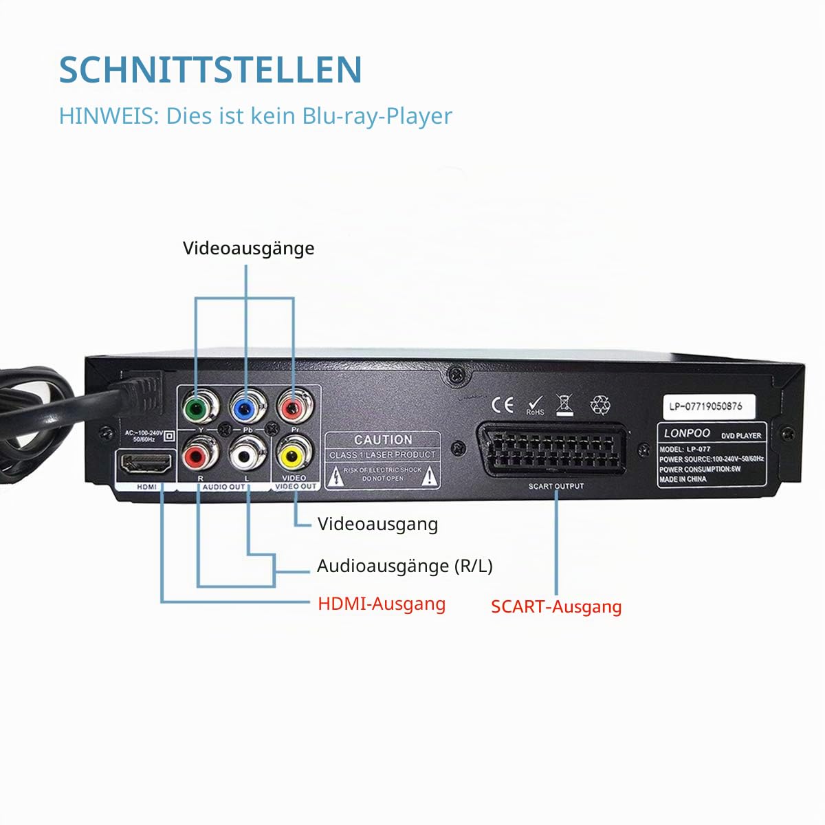 Kompakter DVD-Player mit SCART-Anschluss, Regionsfreier HD-DVD-CD-Player mit HDMI-Anschluss/AV-Anschluss, integriertes PAL/NTSC-TV-System, unterstützt MIC-Eingang, USB-Eingang (DVD Player)